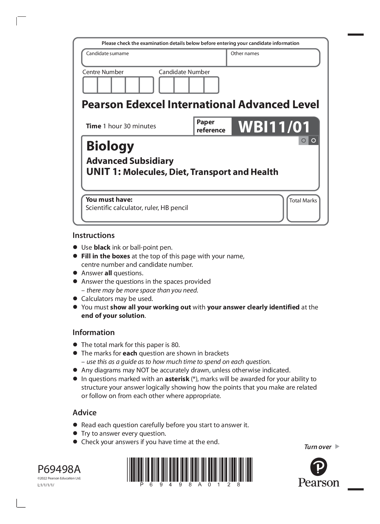 Preview image for Pearson Edexcel International Advanced Level. WBI11/01. Biology Advanced Subsidiary UNIT 1: Molecules, Diet, Transport and Health.